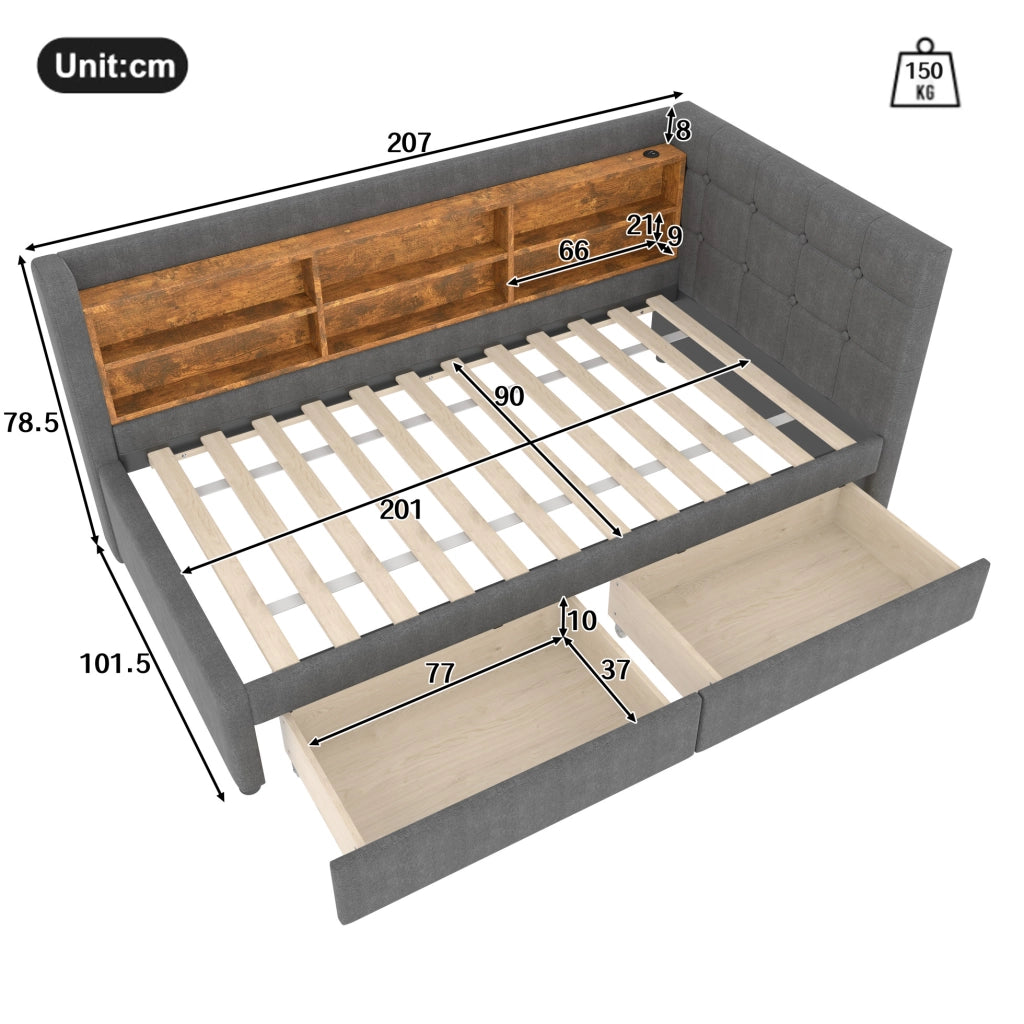 Letto 90x200 cm con 2 cassetti e USB; Type C in lino