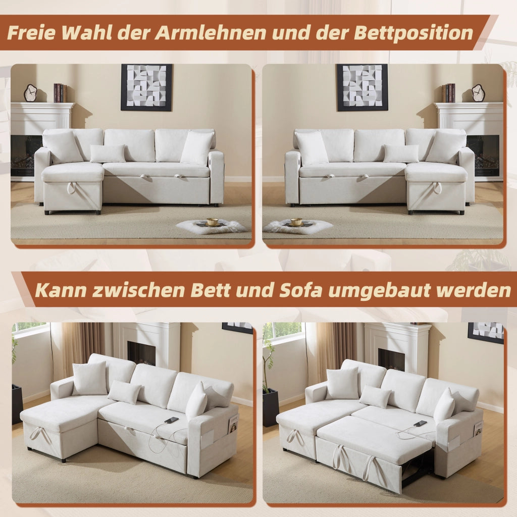 DIVANO LETTO Angolare 214x131x87 cm Beige Flanella con 3 cuscini