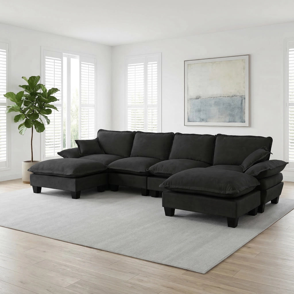 Divano panoramico a U 6 posti in ciniglia nero con ottomana rimovibile struttura in legno 323 × 155 × 90 cm