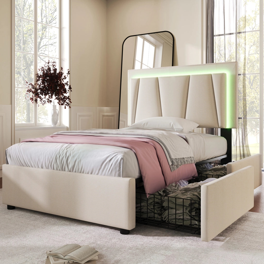 Letto singolo 90x200 cm beige con illuminazione integrata