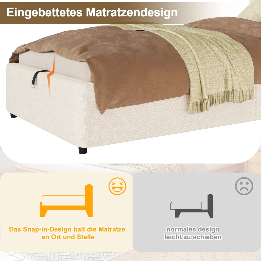 Letto per bambini singolo 90 × 200 cm con contenitore idraulico; senza materasso; in bouclé beige