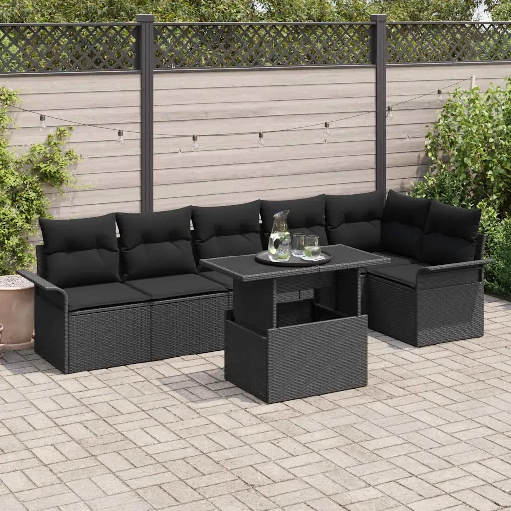 Set Divano da Giardino con cuscino 7 pcs Nero Poly Rattan