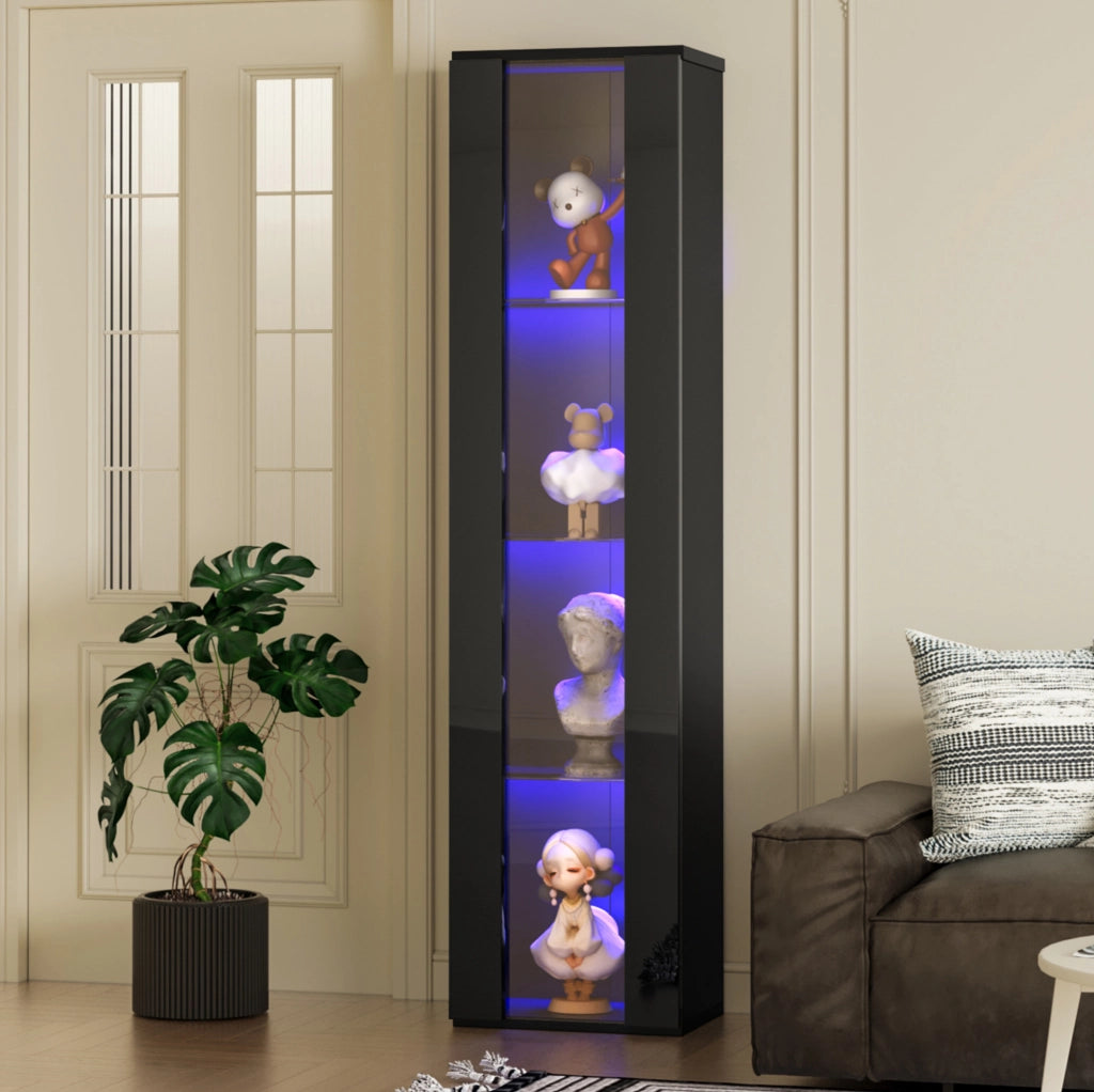 Vetrina multifunzionale in nero 40x29x170 cm con ripiani in vetro, illuminazione LED multicolore e controllo tramite app, da parete