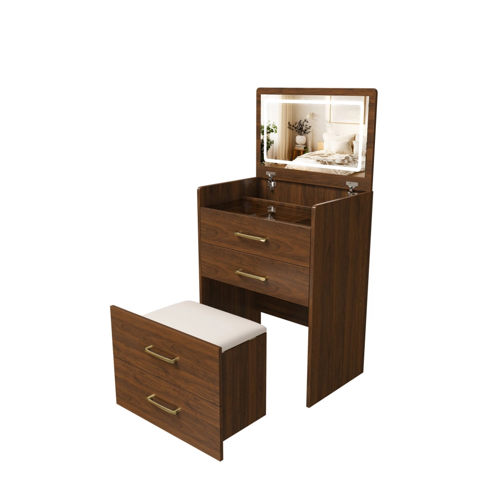 Toeletta con specchio apribile; 3 cassetti; vano contenitore e sgabello; per camera da letto; in MDF; noce; 60×40×118 cm