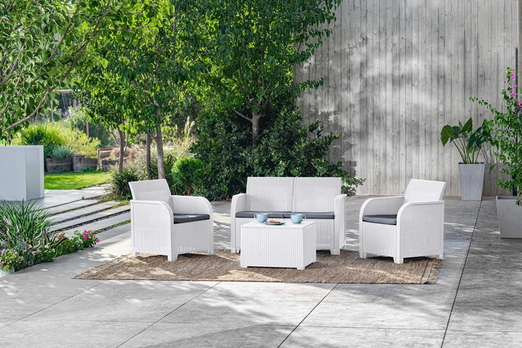 Salottino da Esterno Rosalie Lounge Set in Resina Effetto Rattan 4 Pezzi