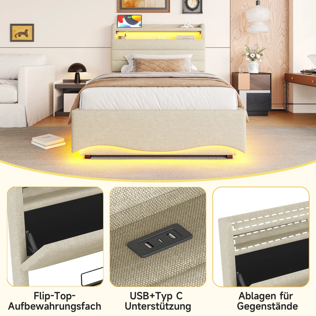 Letto singolo con contenitore 90 × 200 cm con LED; USB e Type-C; rivestito in lino beige con vano a ribalta