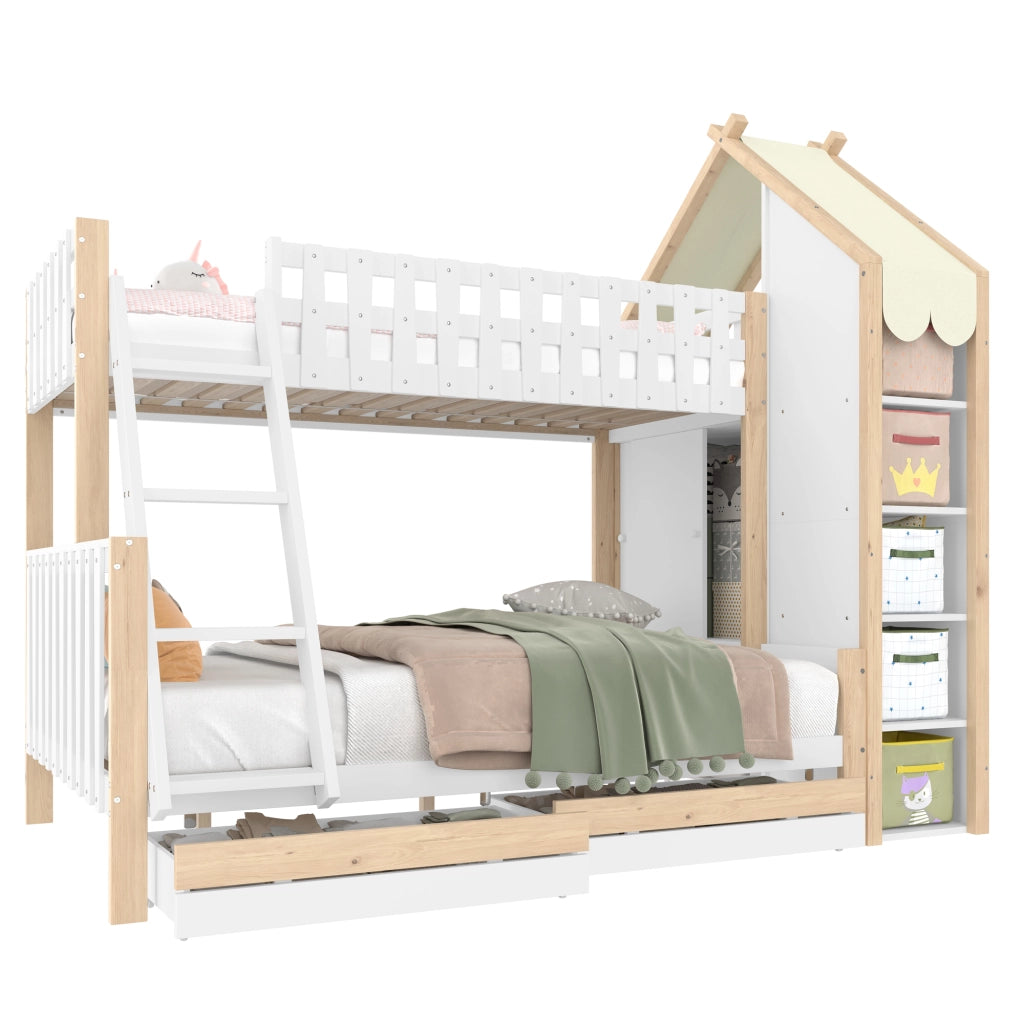 Letto a castello 90 × 200 cm e 140 × 200 cm 3 posti; mensole e 2 cassetti; senza materasso; bianco naturale