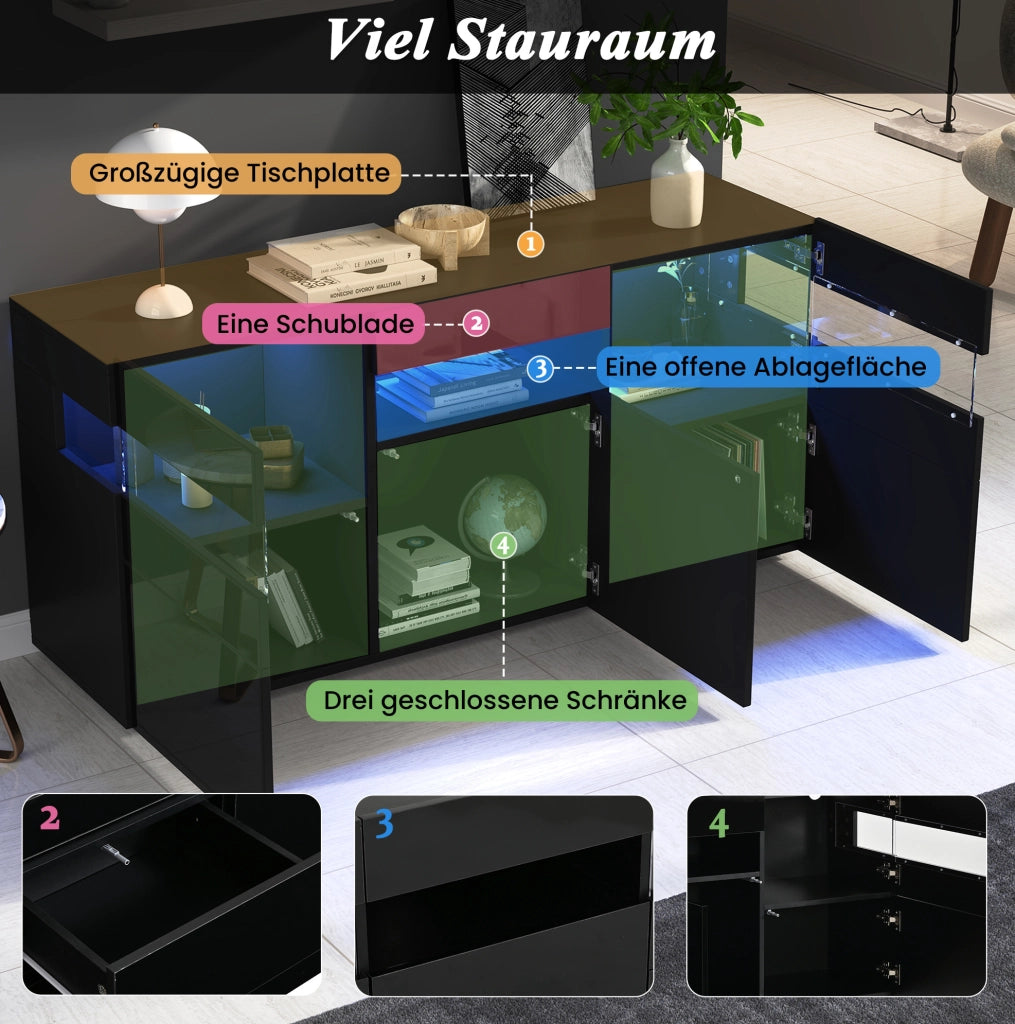 Sideboard soggiorno nero 140 cm con LED, 3 ante e 7 vani