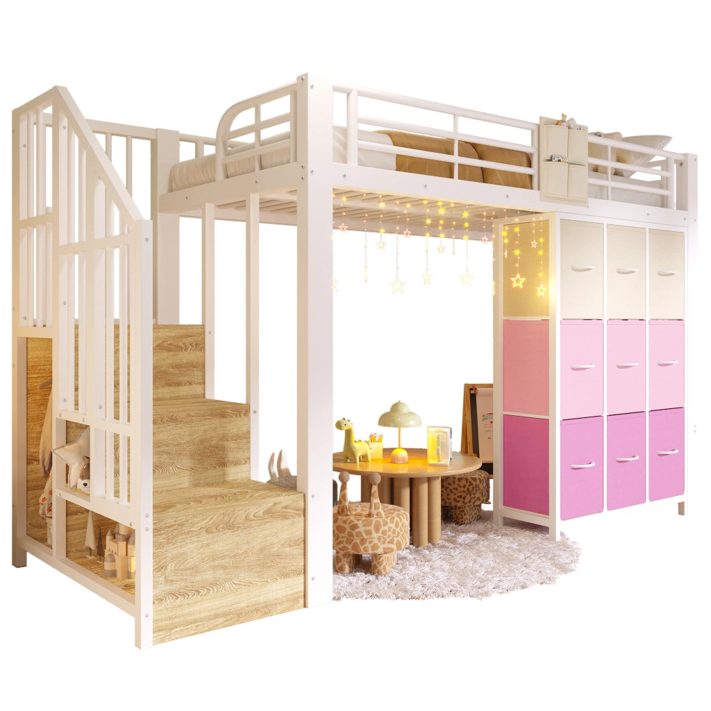 Letto a soppalco 90 × 200 cm in metallo e MDF bianco con scala contenitore cassetti appendiabiti e ringhiera