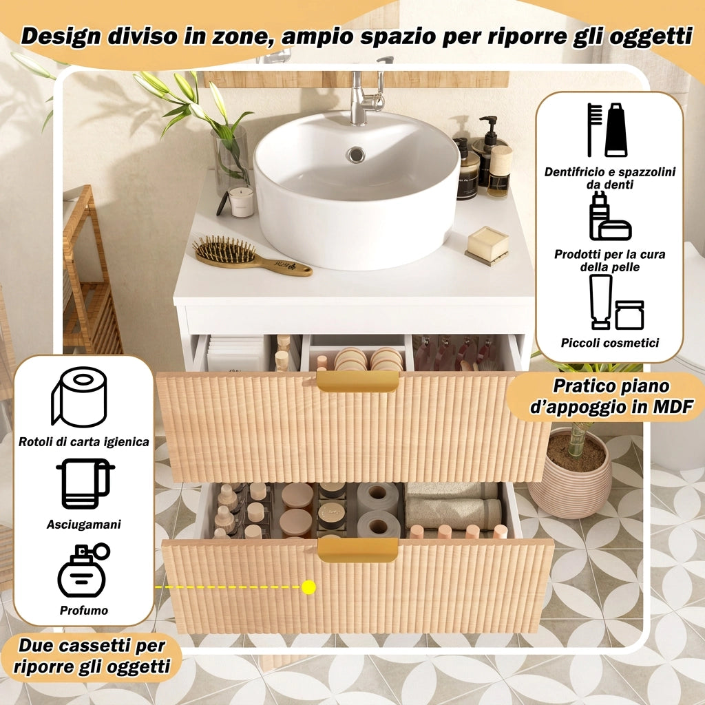 Mobile bagno 60 cm sospeso con lavabo rotondo in ceramica; 2 cassetti; MDF; effetto legno naturale