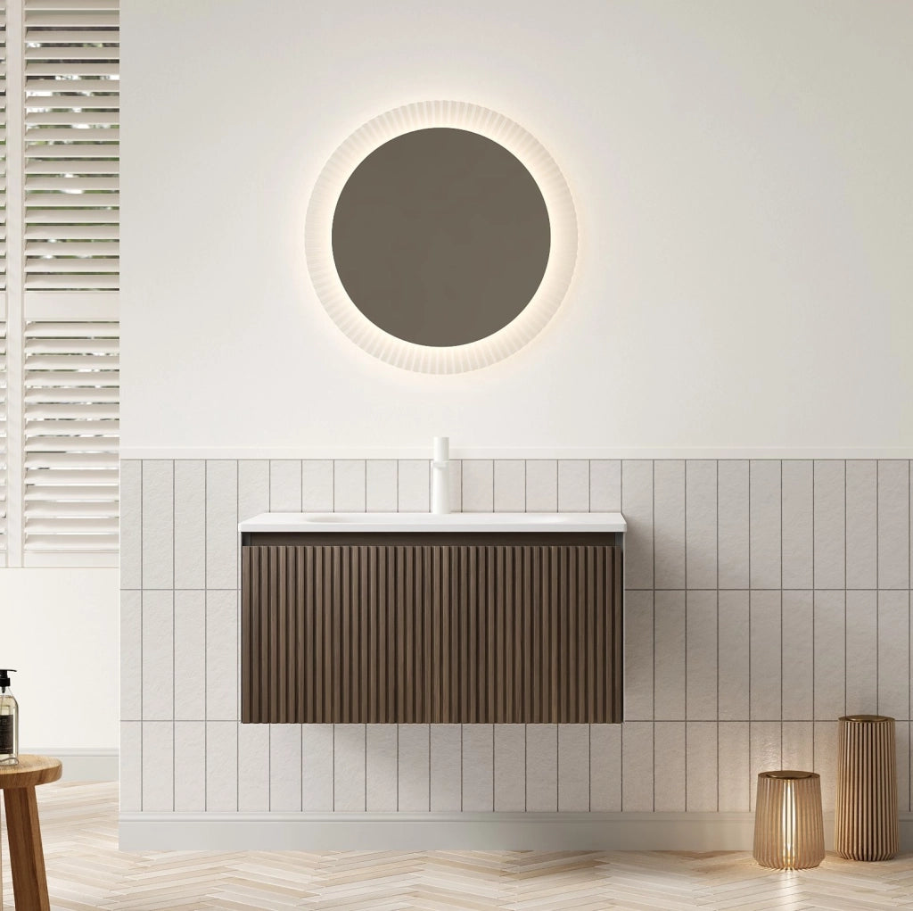Mobile bagno sospeso con lavabo integrato in resina; cassetto soft-close; rovere marrone e bianco