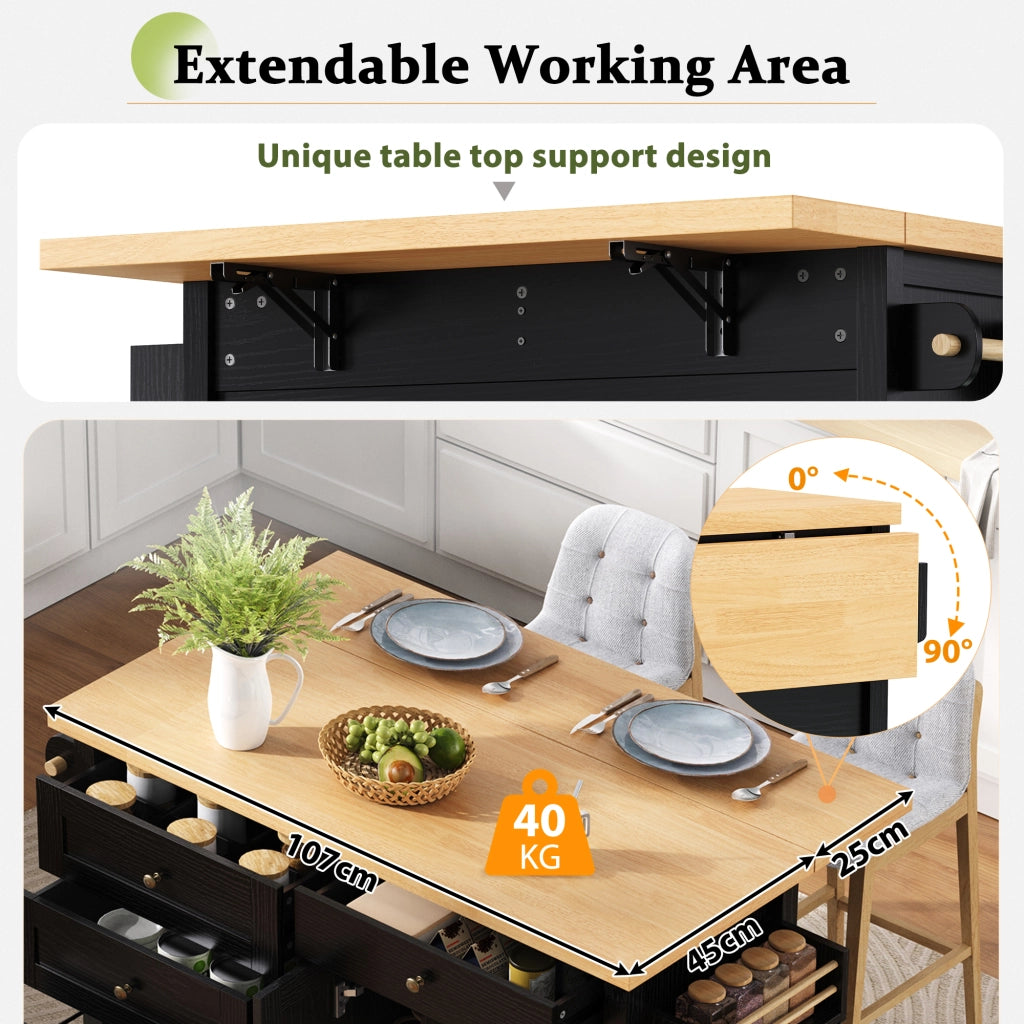 Mobile base da cucina con 2 ante piano estraibile e ruote in MDF nero naturale 107 × 45-70 × 90.5 cm