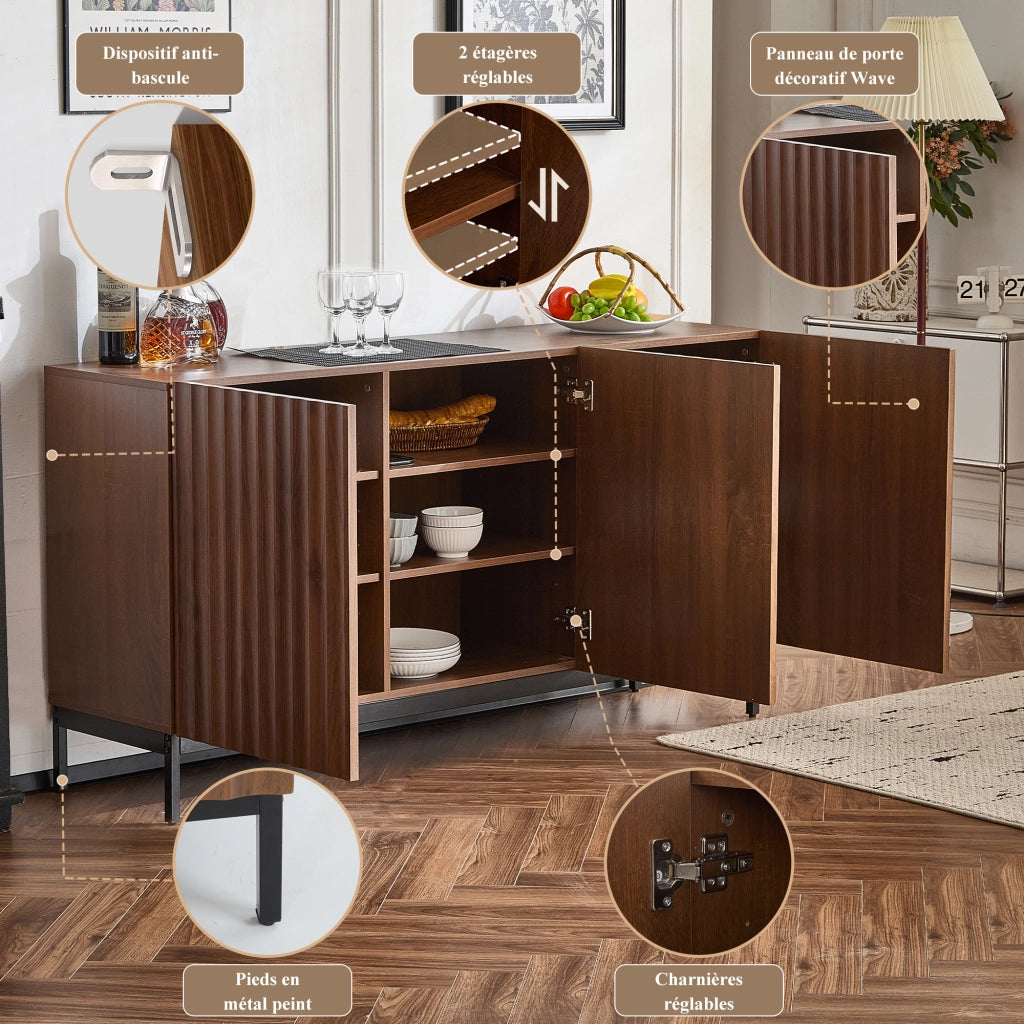 Madia con frontali ondulati e ripiani regolabili in MDF e PB per soggiorno o sala da pranzo 150 × 40 × 80 cm