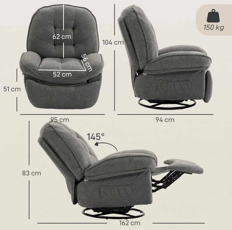 Poltrona relax ULEVR girevole e dondolo con reclinazione fino a 145¡ã, poggiapiedi e tasche, grigio chiaro