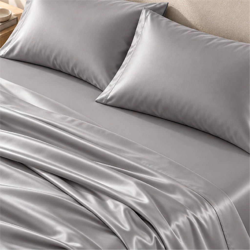 Completo Letto Lenzuola Matrimoniale In Raso Cotone Set Biancheria Letto Tinta Unita Prodotto Certificato OekoTex Due Piazze,Tinta Unita Lenzuolo sopra, sotto e Federe Grigio