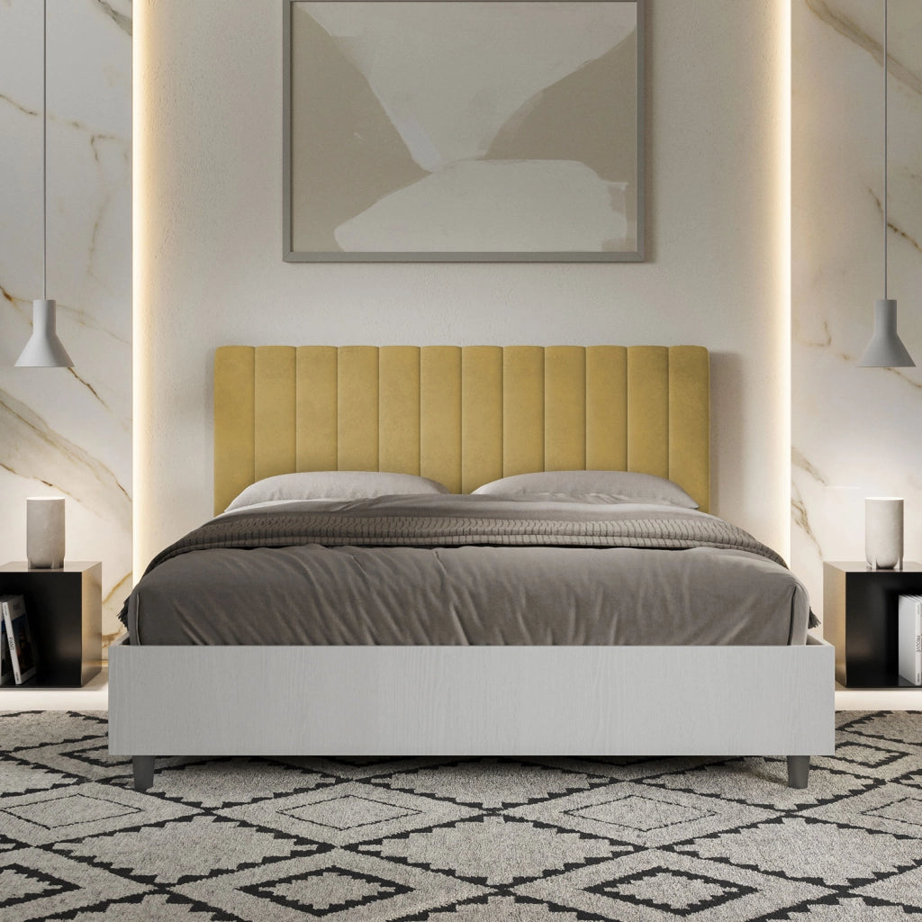 BS COM Letto matrimoniale contenitore 160x190 bianco frassino testata microfibra ocra