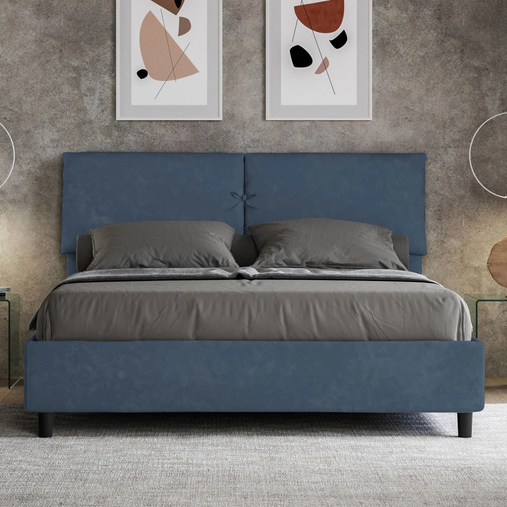 BS COM Letto matrimoniale con rete imbottito 160x190 microfibra blu
