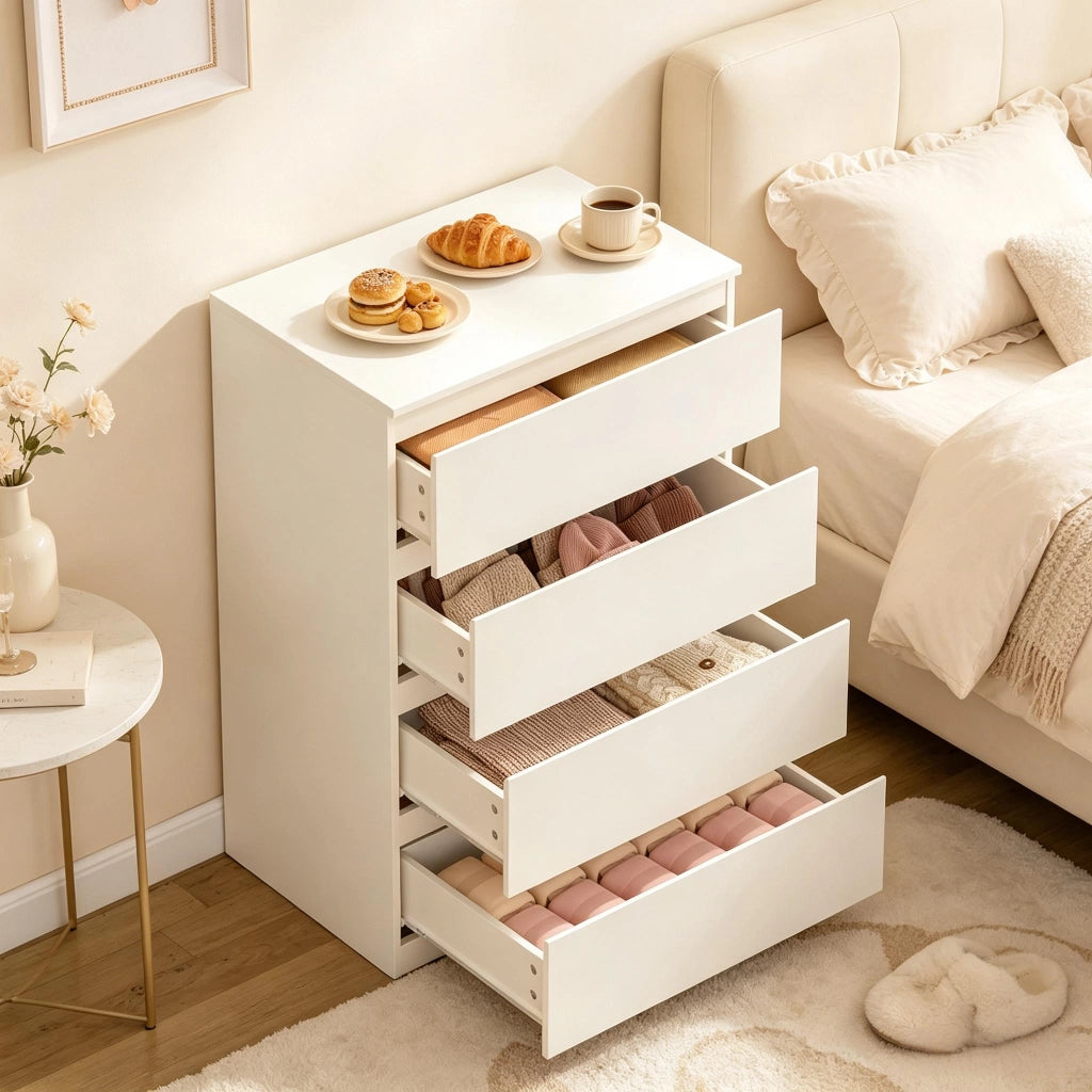 Cassettiera con 4 cassetti in legno bianco con finitura melaminica e fissaggio a parete 60 × 90 × 40 cm