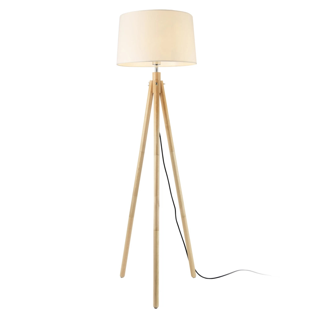 Lampada da Terra in Stile Treppiede Alta 153 cm Piantana Tripode con Paralume Conico in Tessuto Bianco e Gambe in Legno, Metallo - lux.pro