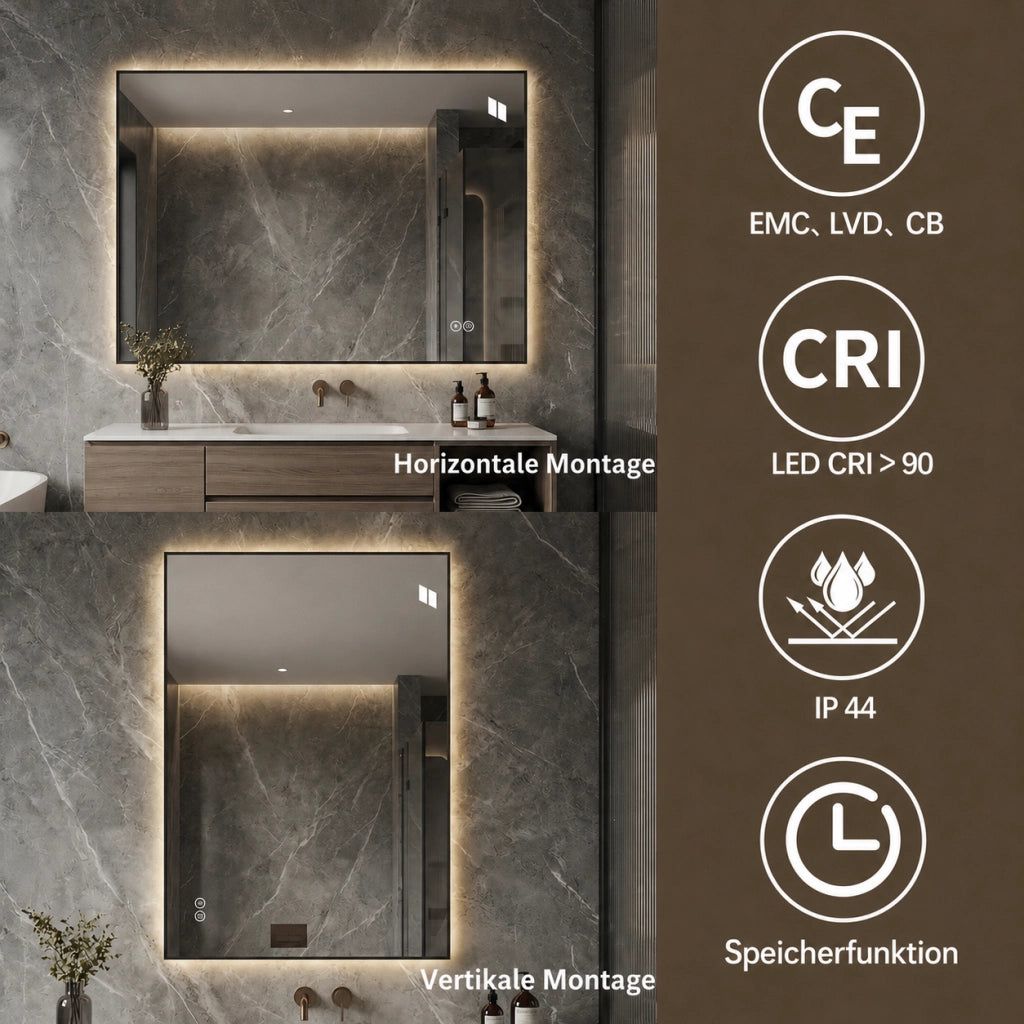 Specchio da bagno LED 60 × 80 cm retroilluminato; antiappannamento; 3 temperature di luce; dimmer e memoria