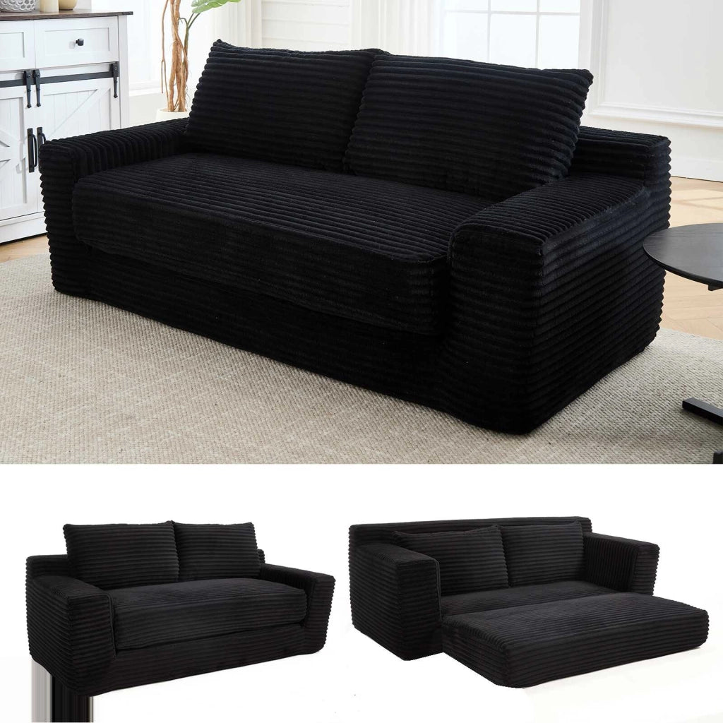 Divano Letto 2 Posti 2 in 1 in Velluto a Coste con Memory Foam; Senza Montaggio; Nero