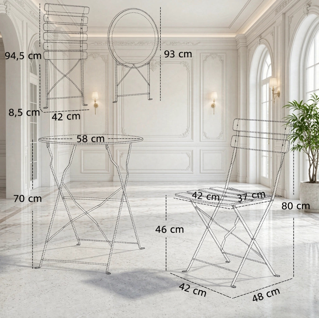 Set bistrot pieghevole da giardino in metallo nero, tavolo Ø58x70 cm, salvaspazio –
