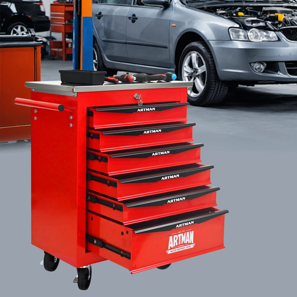 Mobile contenitore con 6 cassetti, serratura e ruote, per garage e officina, in acciaio, rosso nero