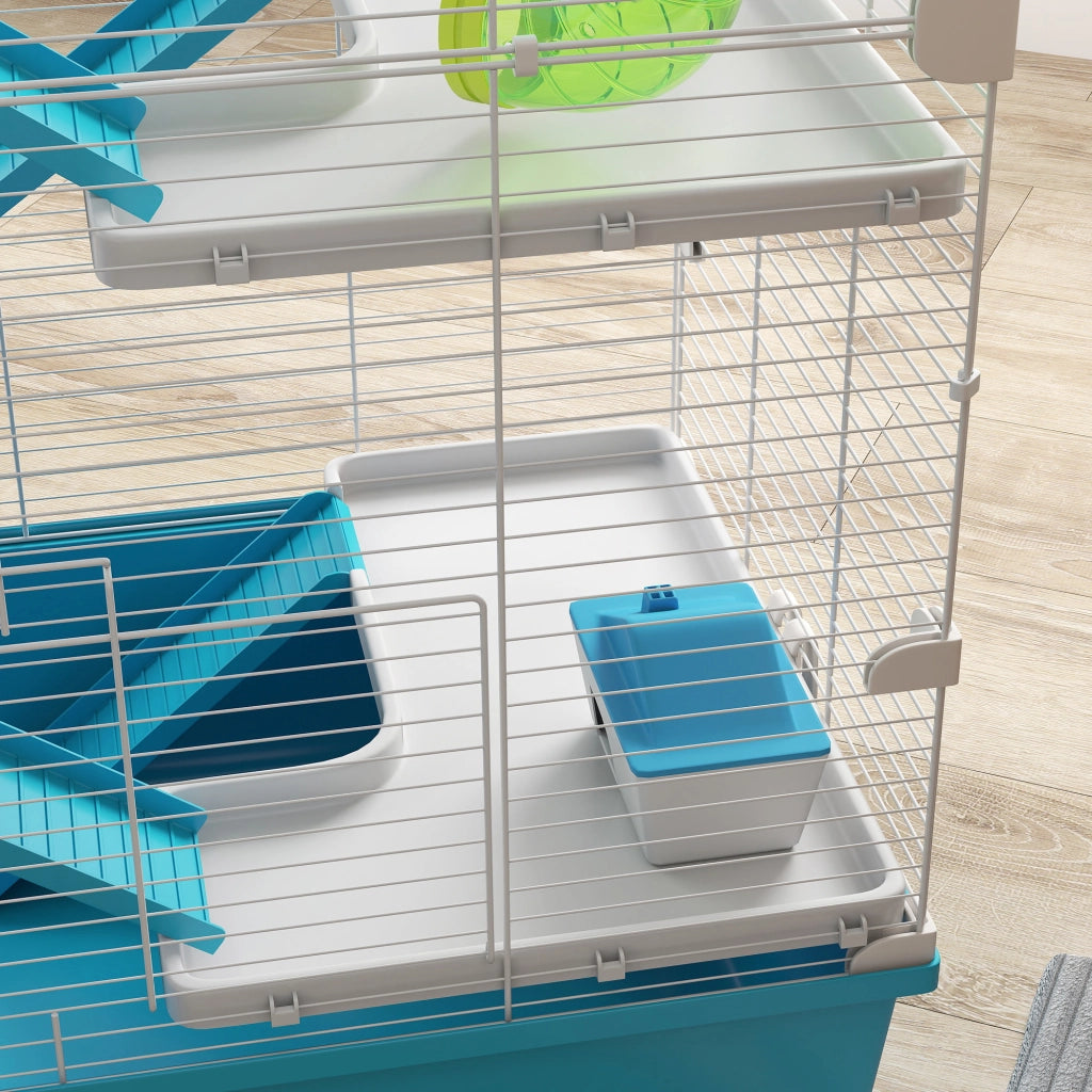 Gabbia per criceti a sei livelli con torri doppie; tubi e accessori in plastica azzurro chiaro 58 × 36 × 81 cm