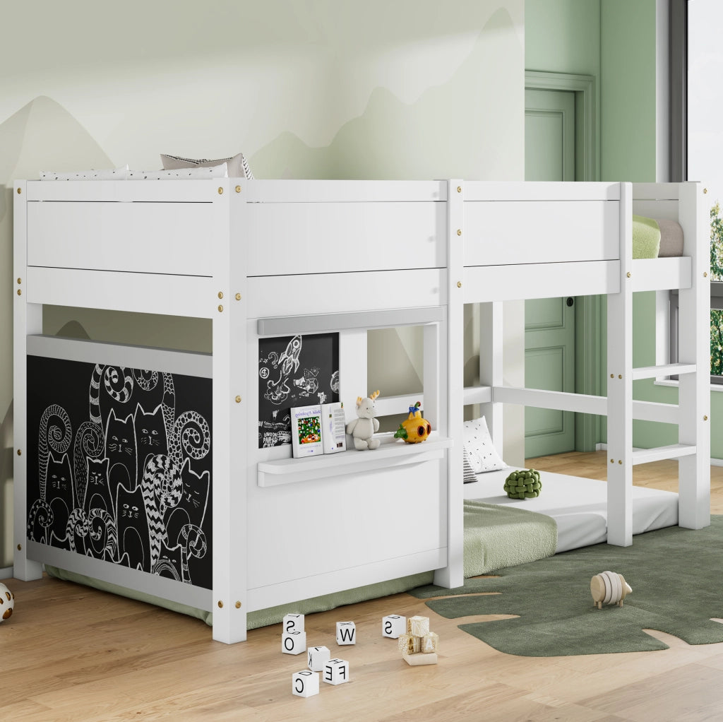 Letto a casetta per bambini con lavagna; scala a 3 gradini; 90x200 cm; in legno bianco