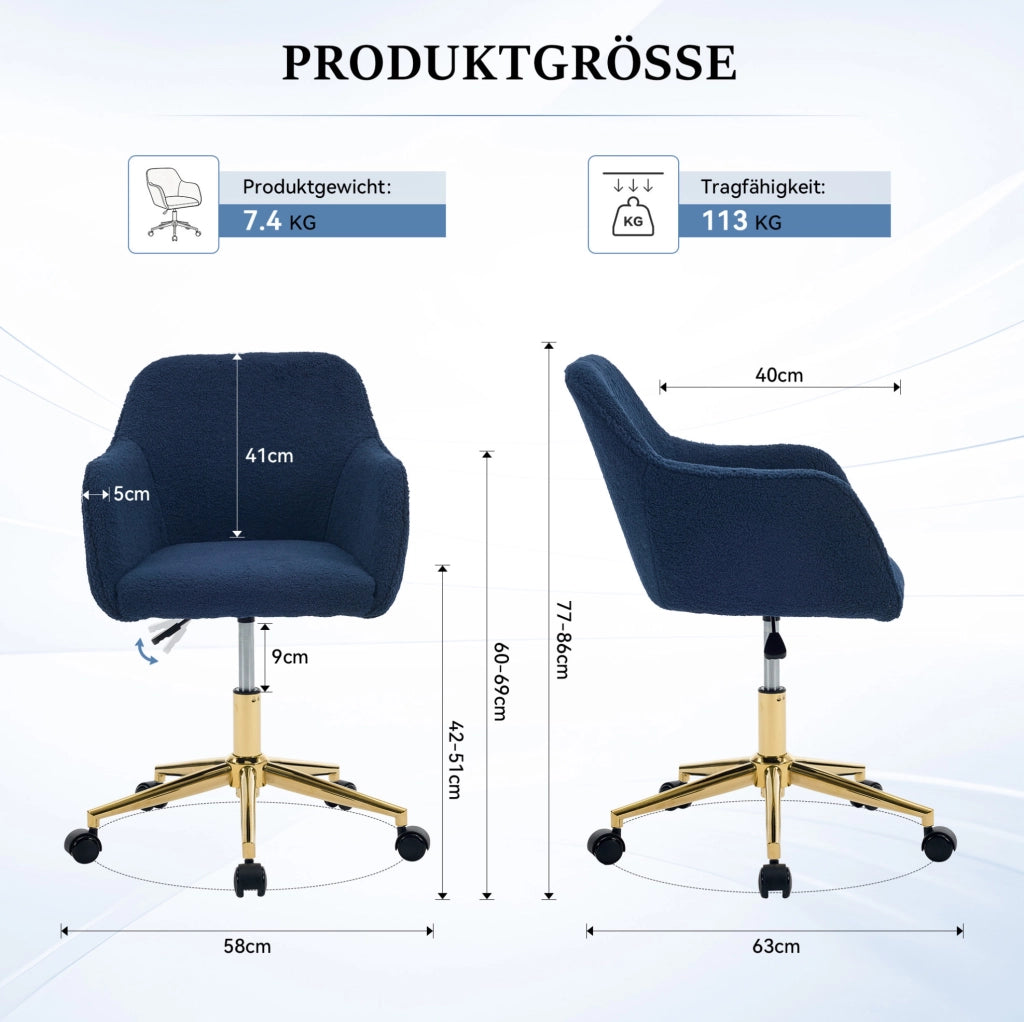 Sedia da ufficio 58x63x77-86 cm in tessuto peluche blu scuro, regolabile