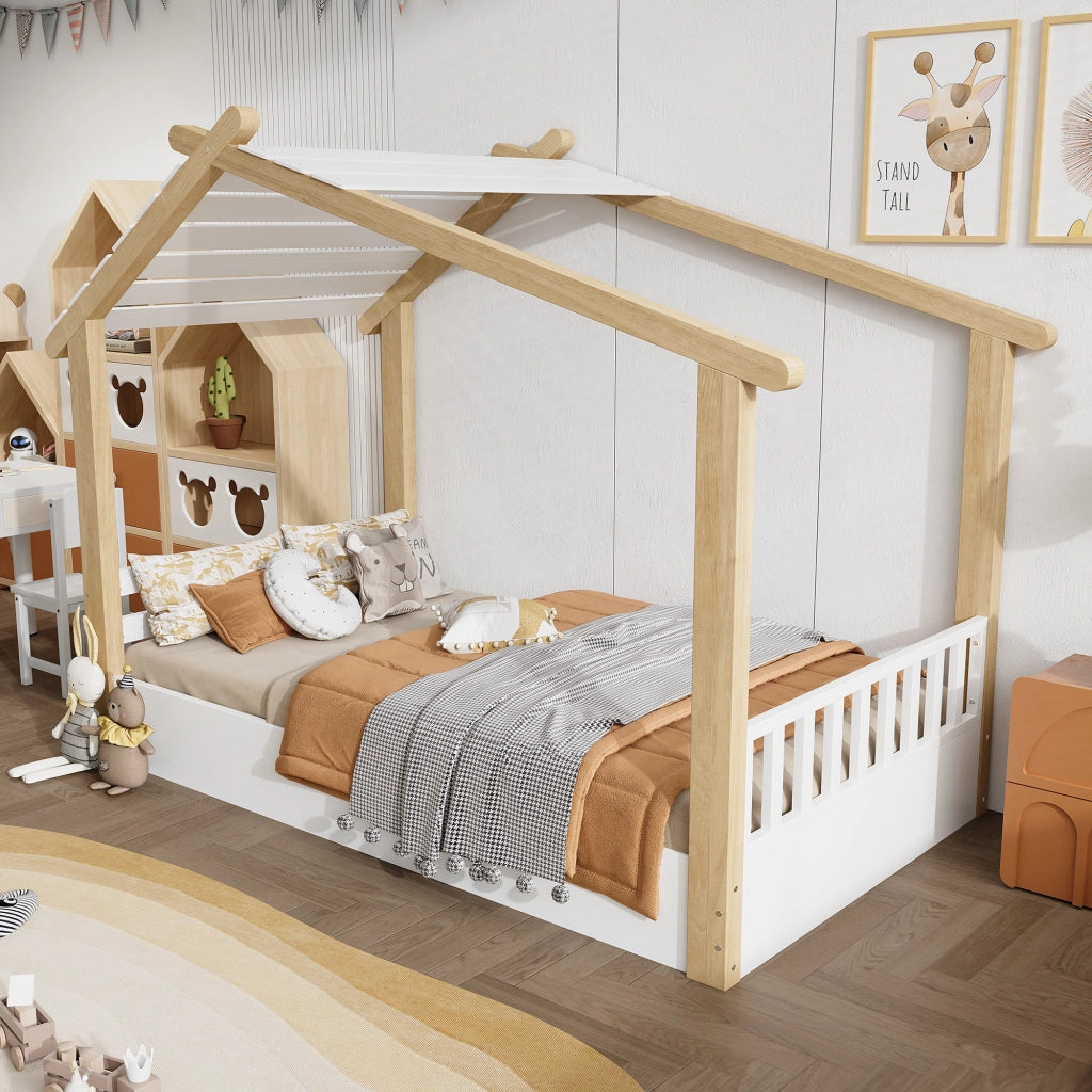 Letto casetta per bambini 90 × 190 cm 1 posto, senza materasso, in pino, truciolare e MDF, bianco naturale
