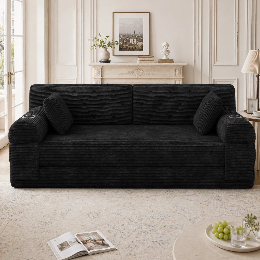 Divano letto 3 posti con rivestimento in velluto a coste, schienale alto, struttura in metallo, 2 portabicchieri e 4 tasche laterali, nero