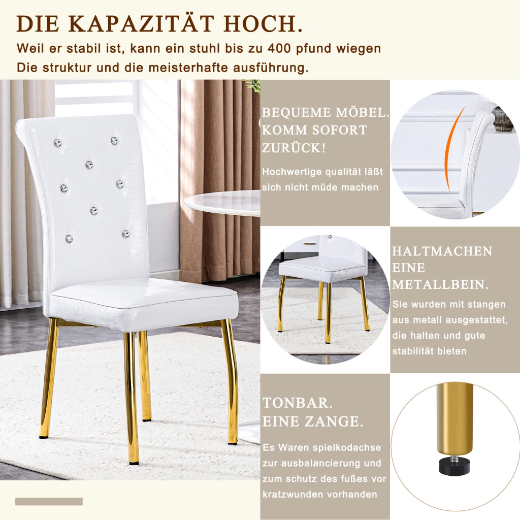 Sedia da pranzo set di 2 con dettagli in cristallo seduta imbottita e gambe metalliche dorate in PVC bianco oro