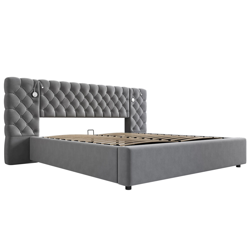 Letto 160x200 cm con contenitore idraulico, luce da lettura e rivestimento in velluto grigio
