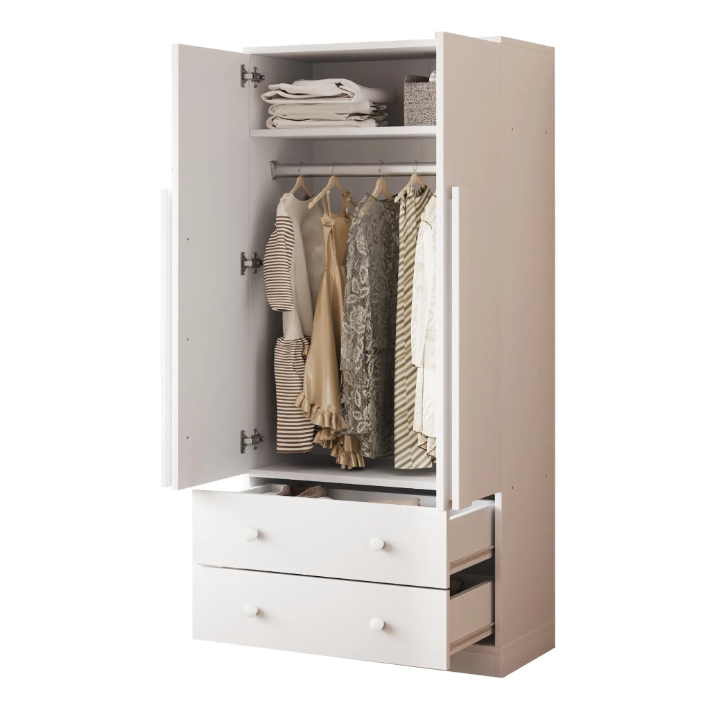 Armadio 70x40x170 cm, design a doppie ante, con cassetti e ripiani, bianco
