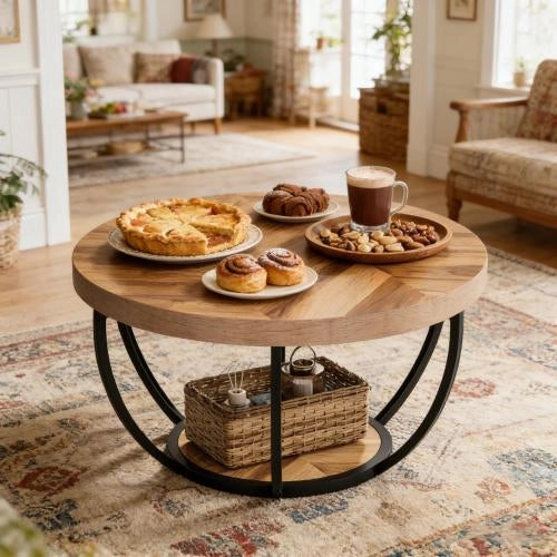 Tavolino basso rotondo a 2 ripiani in legno e metallo, design moderno per soggiorno, ufficio e reception