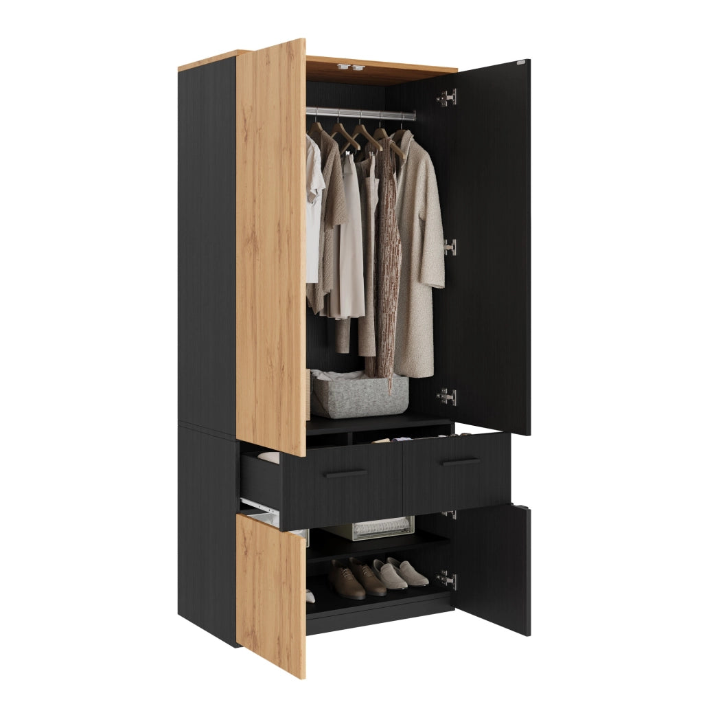 Armadio alto a quattro ante con lamelle 90x50x200 cm, 2 cassetti, 2 ripiani e barra appendiabiti, nero e legno naturale