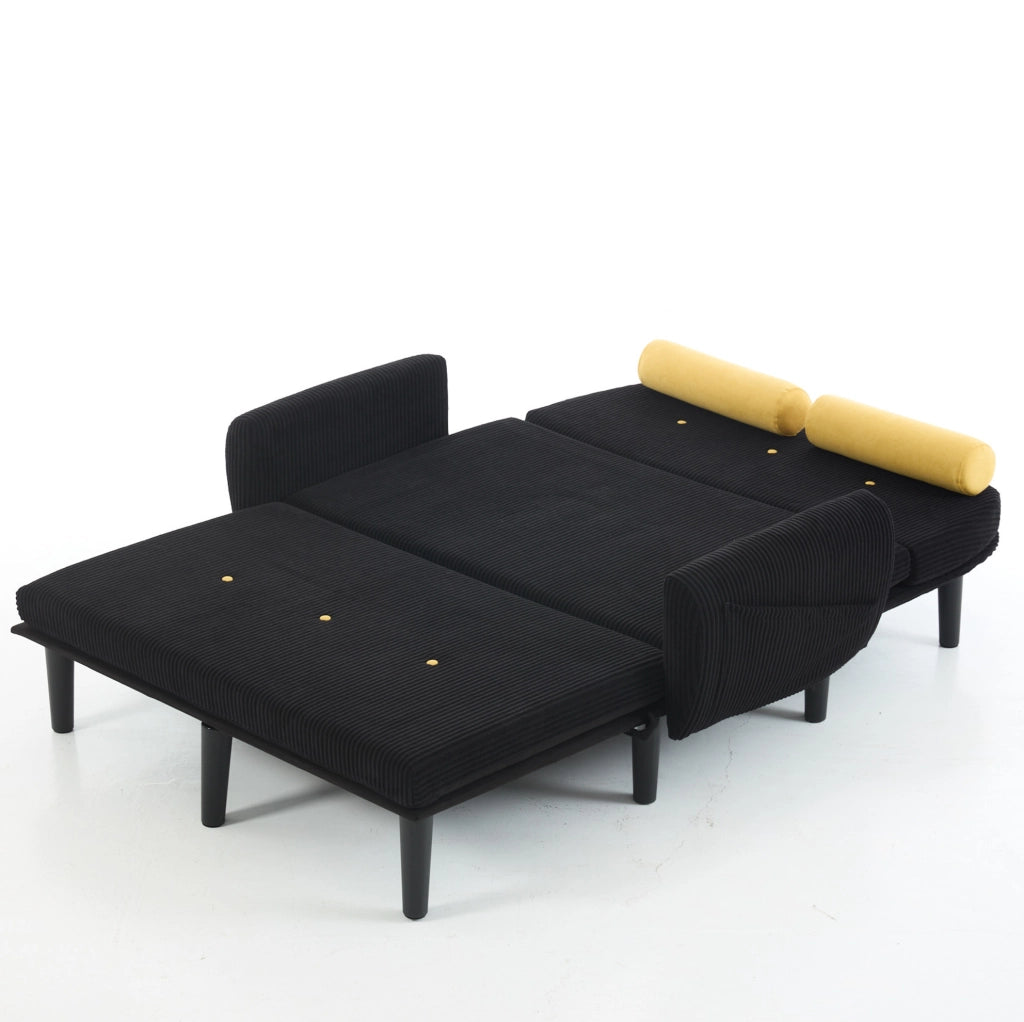 Divano Loveseat nero in velluto con struttura in metallo, schienale regolabile e cuscini cilindrici
