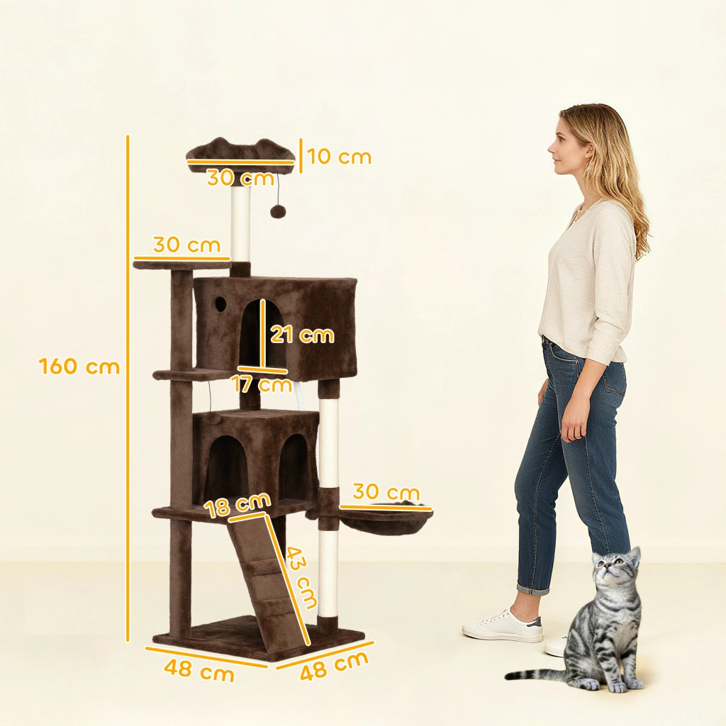 Albero tiragraffi per gatti con piattaforme, letto, amaca e scale ¨C zephmum ¨C marrone, 160 cm