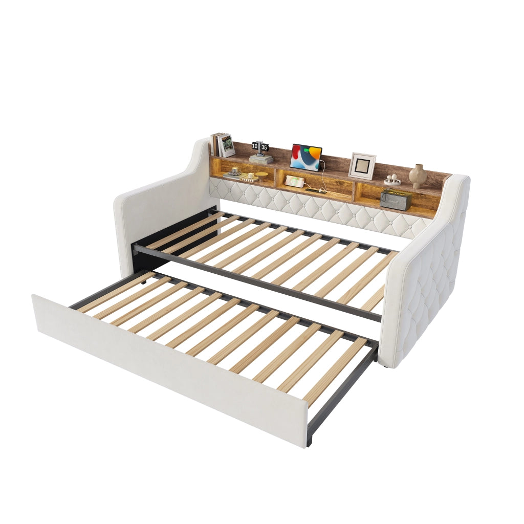 Divano letto estraibile 90 × 190 cm in velluto beige con testiera contenitore LED USB Type-C e rete a doghe