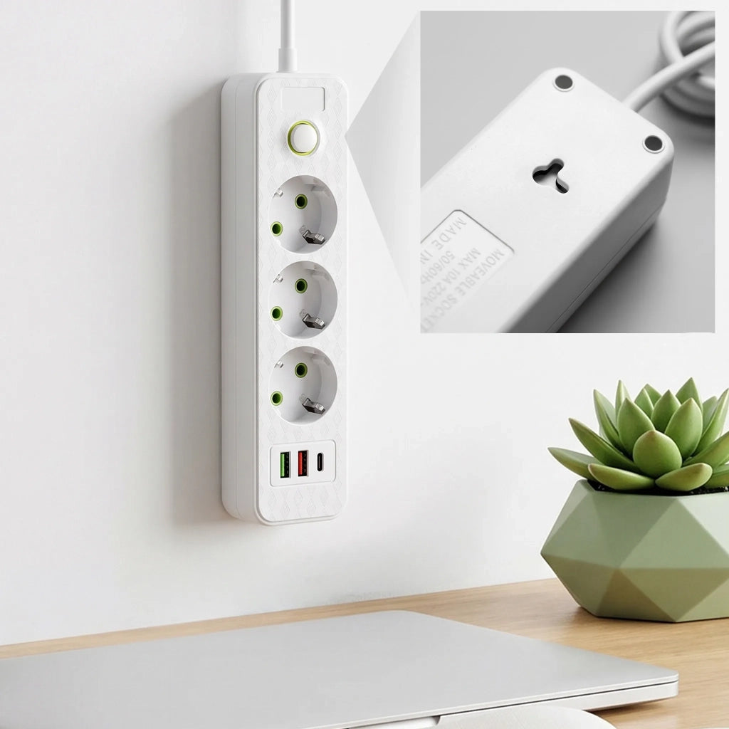 Multipresa Con Prolunga, 3 Prese + 2 Porte Usb-a + Usb-c Jnh020-3a White
