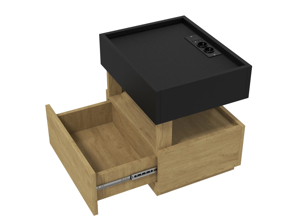 Comodino con ricarica senza fili, porte USB, LED e 2 cassetti bicolore per camera da letto, 50 × 40 × 50 cm