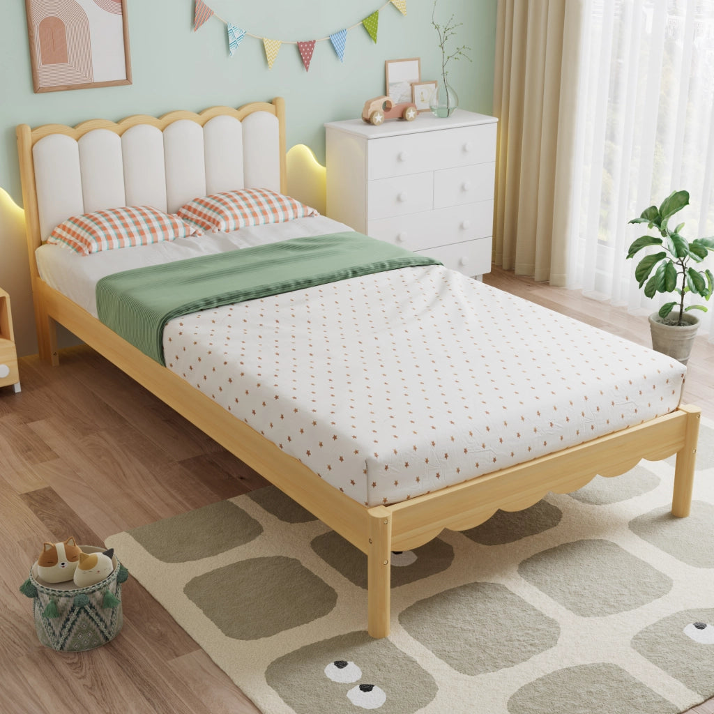 Letto singolo per bambini imbottito 90 × 200 cm con testiera in PU rete a doghe in legno beige e naturale