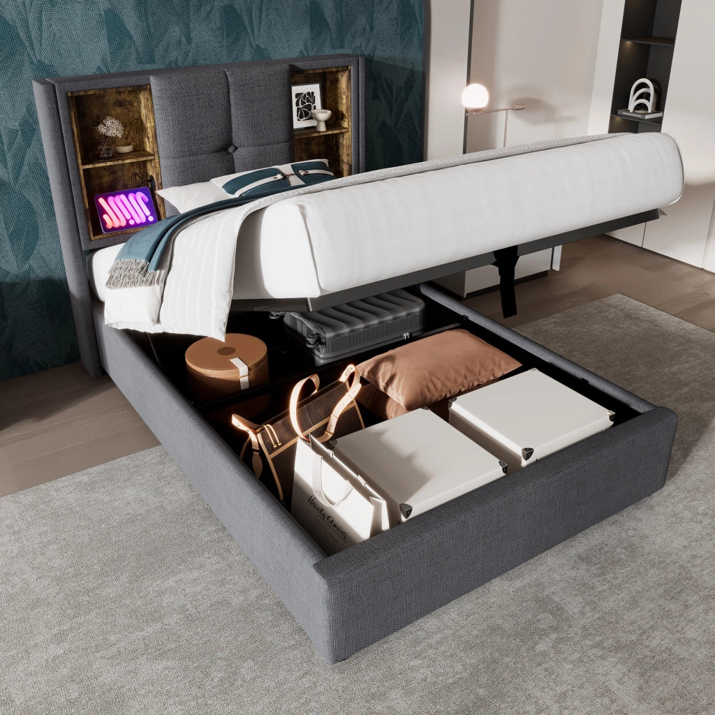 Letto contenitore 90 × 200 cm con ricarica wireless USB e testiera imbottita in cotone grigio