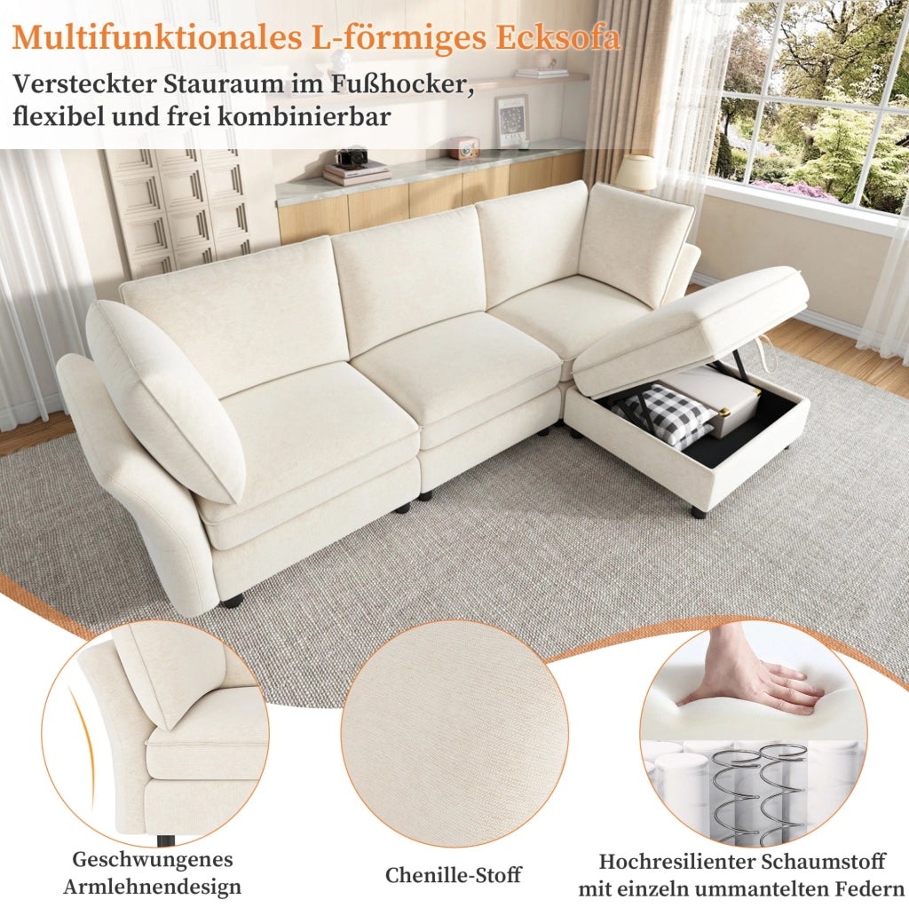 Divano modulare ad angolo a L con pouf contenitore, rivestimento in tessuto chenille beige, 4 posti, struttura in legno massello