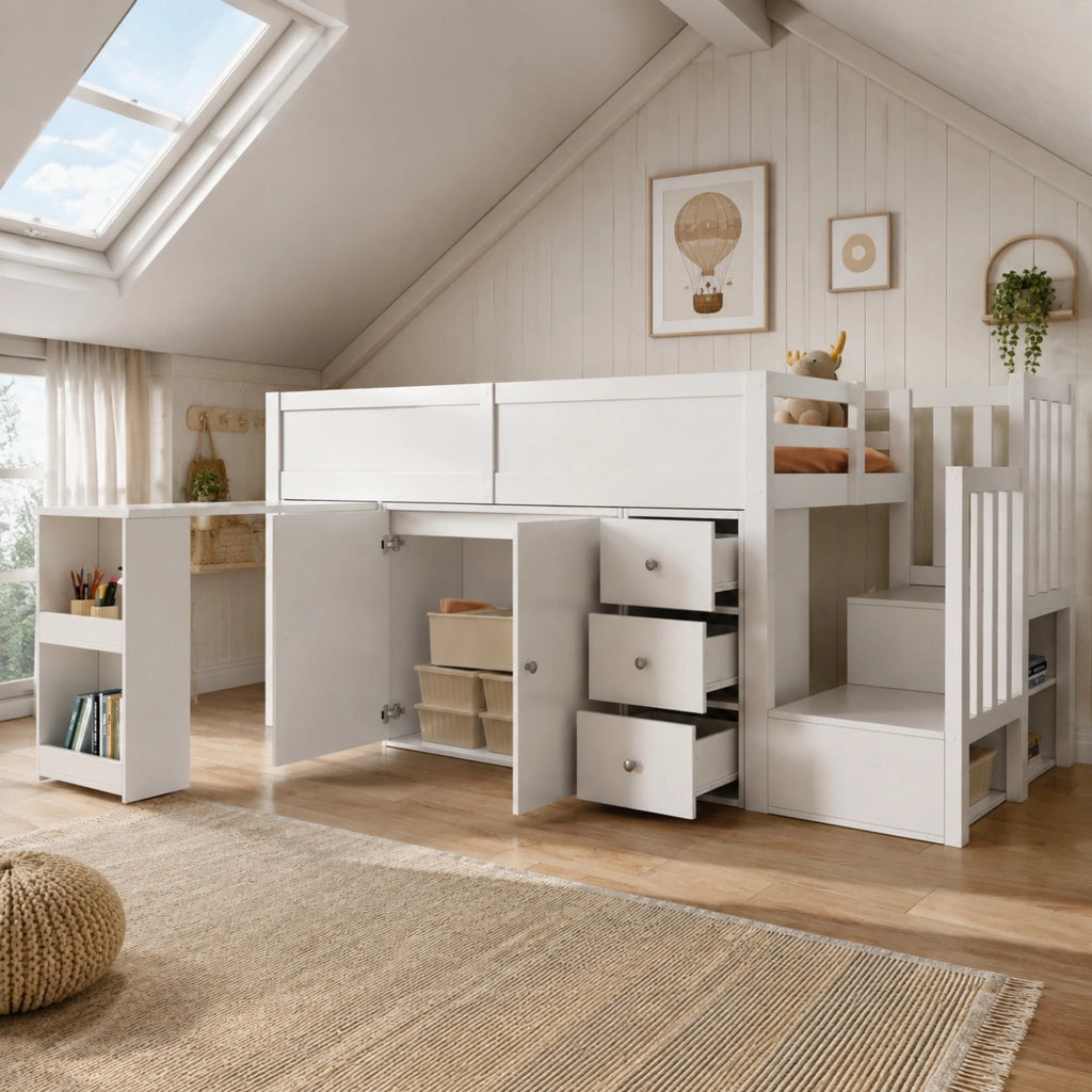 Letto a soppalco 90 ¡Á 200 cm con scrivania scala contenitore armadio cassetti e barriera in legno e MDF bianco