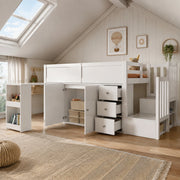 Letto a soppalco 90 ¡Á 200 cm con scrivania scala contenitore armadio cassetti e barriera in legno e MDF bianco