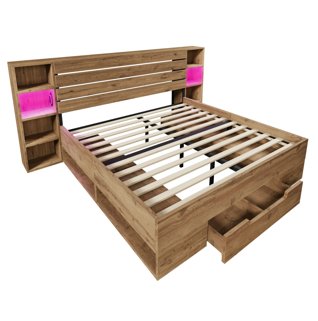 Letto matrimoniale 160x200 cm con LED; USB e Type-C; ripiani e 2 cassetti; rovere
