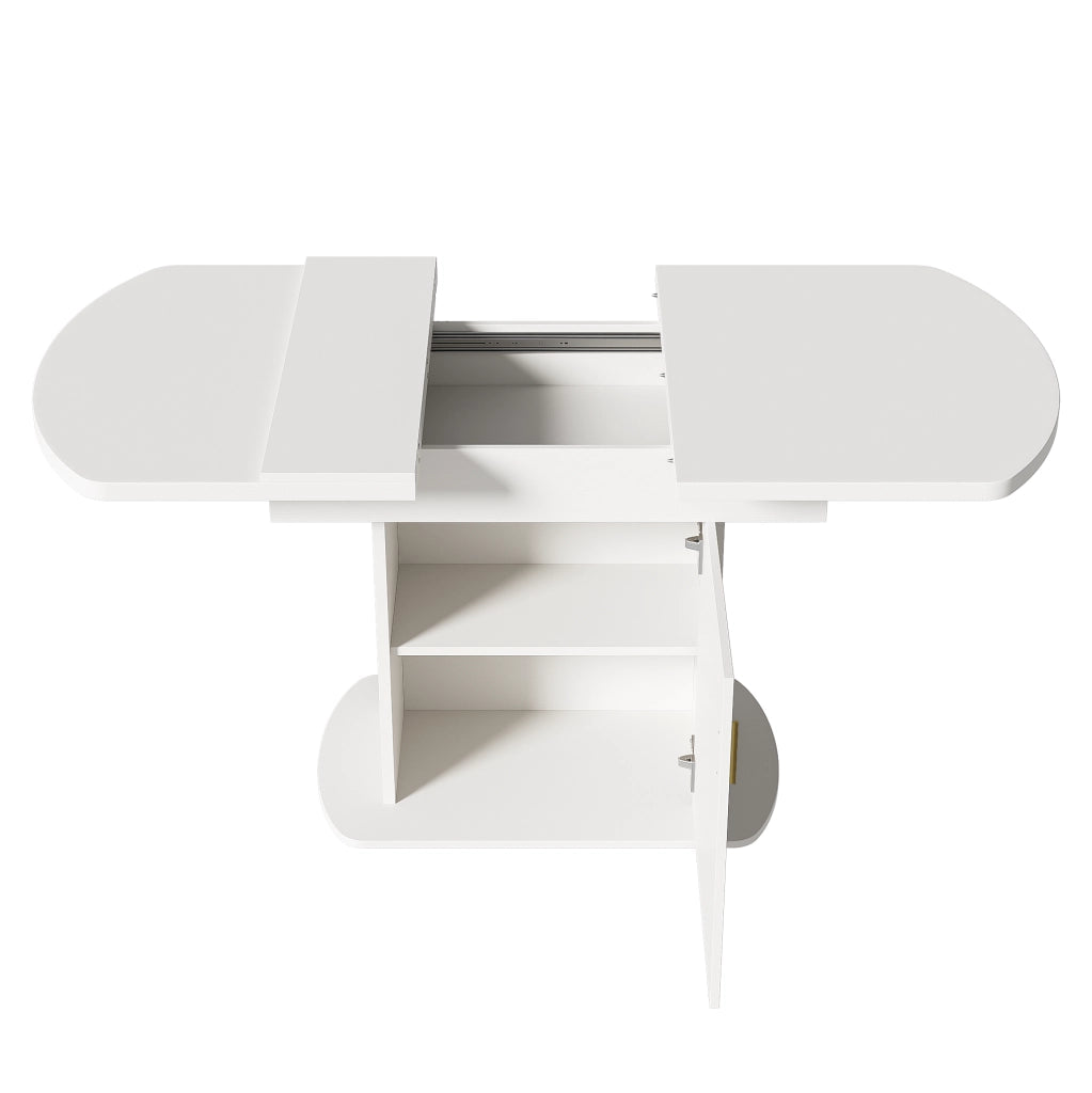 Tavolo da pranzo allungabile ovale 110/130x70x75 cm con vano portaoggetti bianco e maniglia dorata