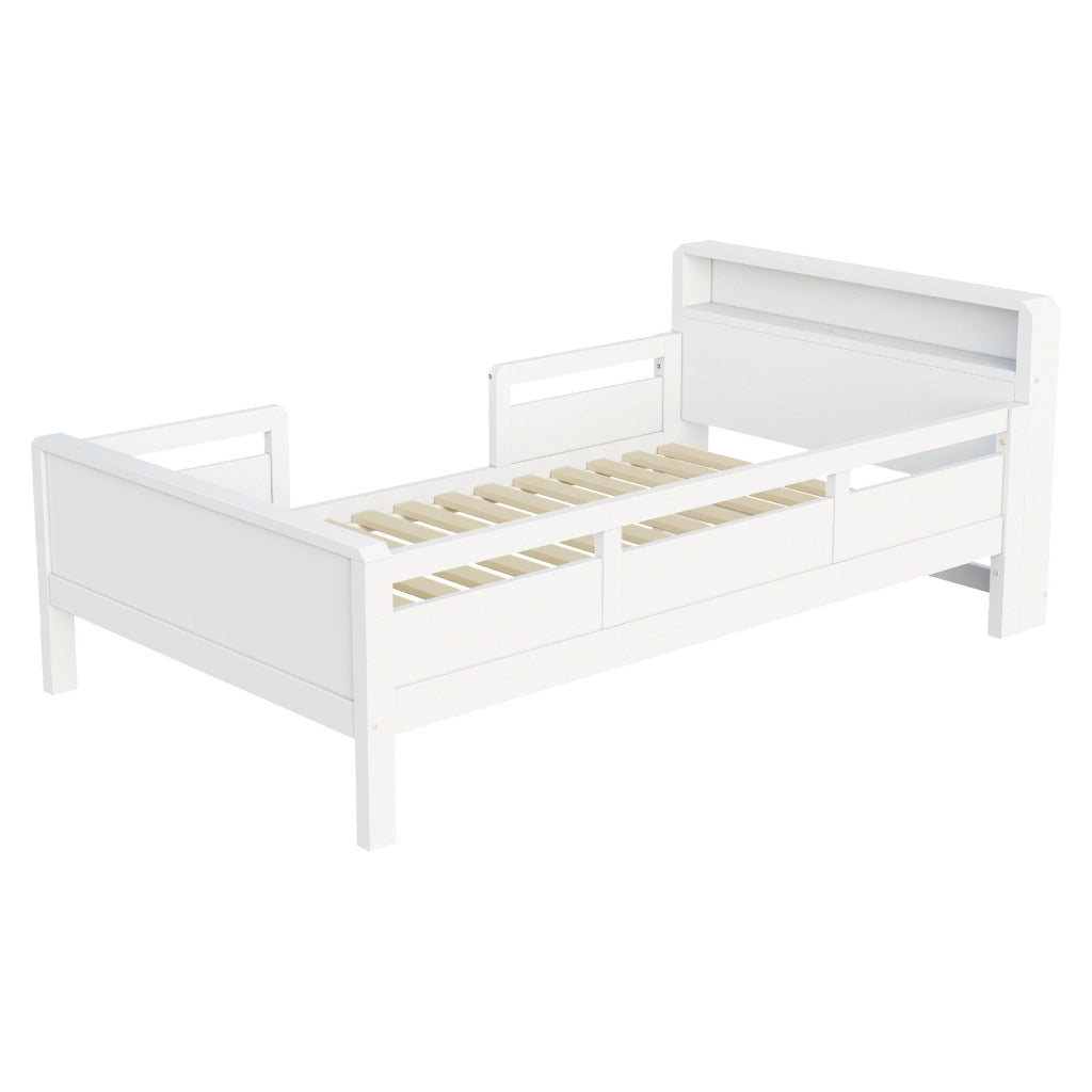 Letto per bambini singolo 90 × 200 cm con barriera, LED, USB e Type-C, senza materasso, in pino bianco
